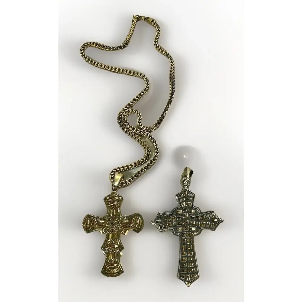 Lg Gold Tone Cross Pendant Lot w 30” Stainless Chain 2 Interchangeable Pendants